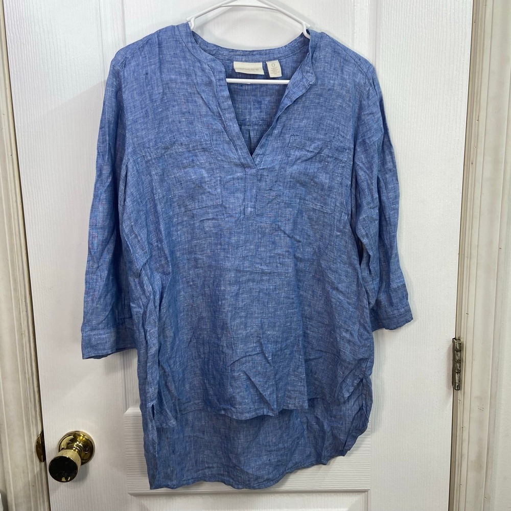 Chico's 100% linen 3/4 button sleeve lightweight‎ v-neck casual blouse shirt S